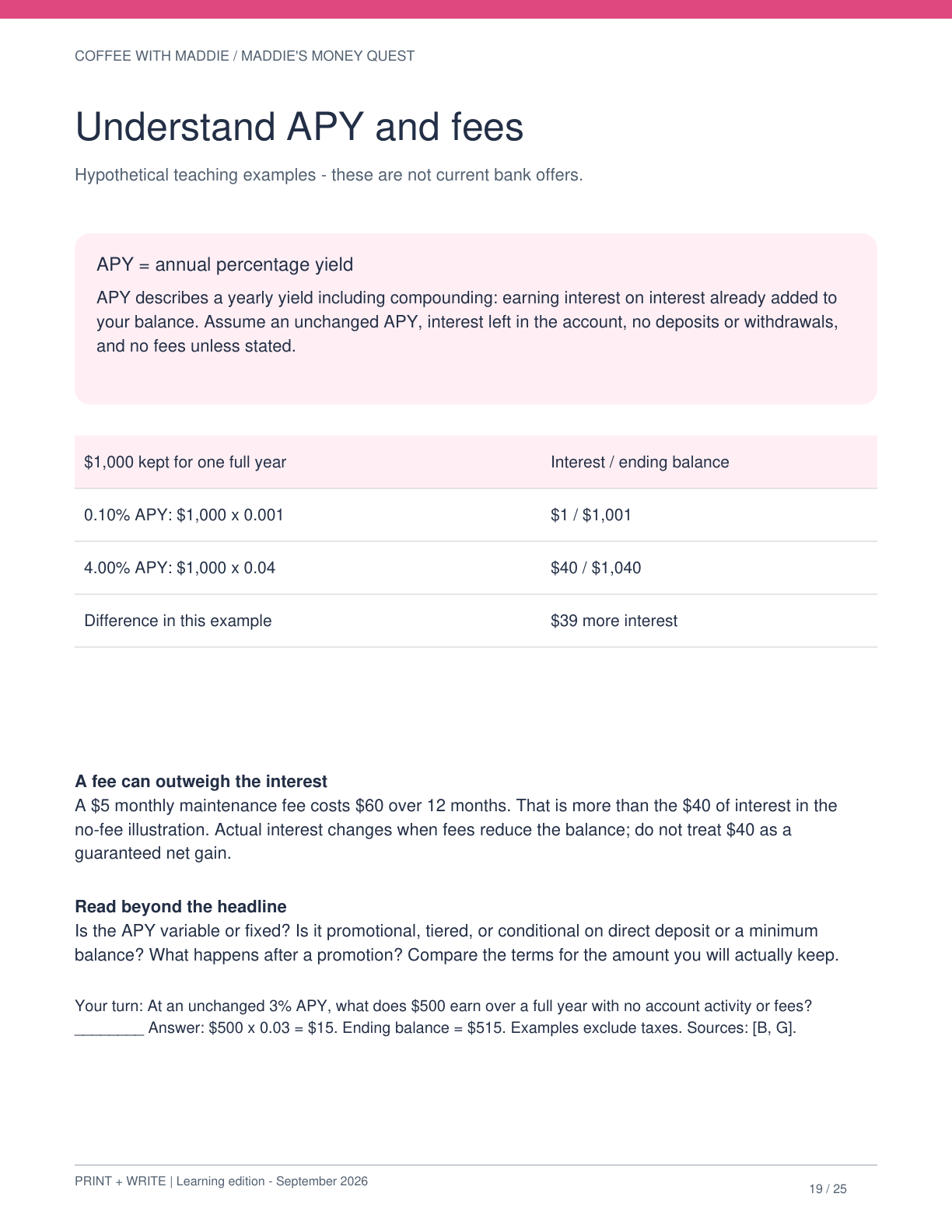 Understand APY and how fees can outweigh interest, actual English workbook page 19