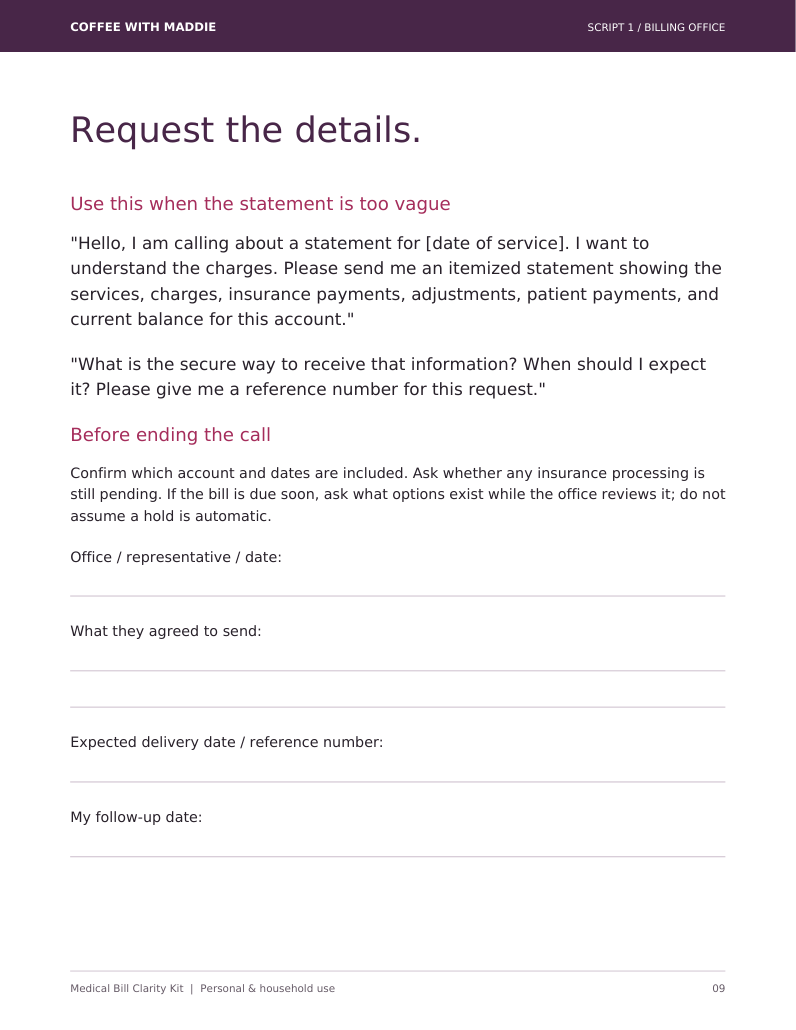Actual billing-office call script with space to record the response and follow-up date