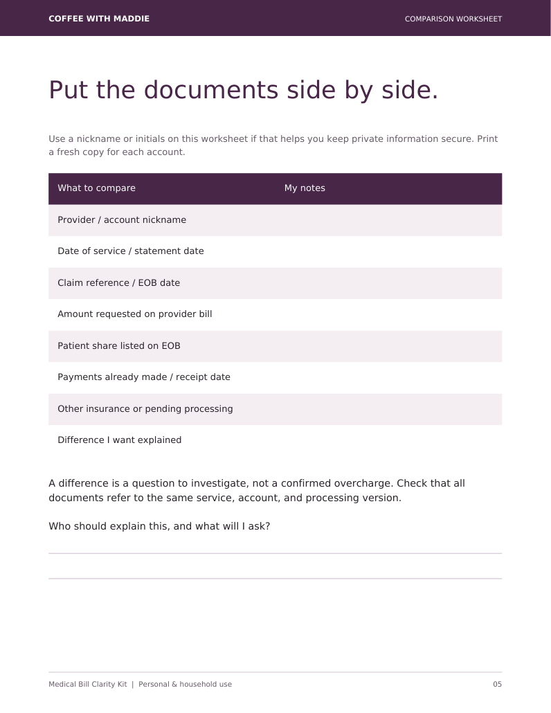 Actual blank worksheet for comparing a provider bill, EOB, and payment receipts